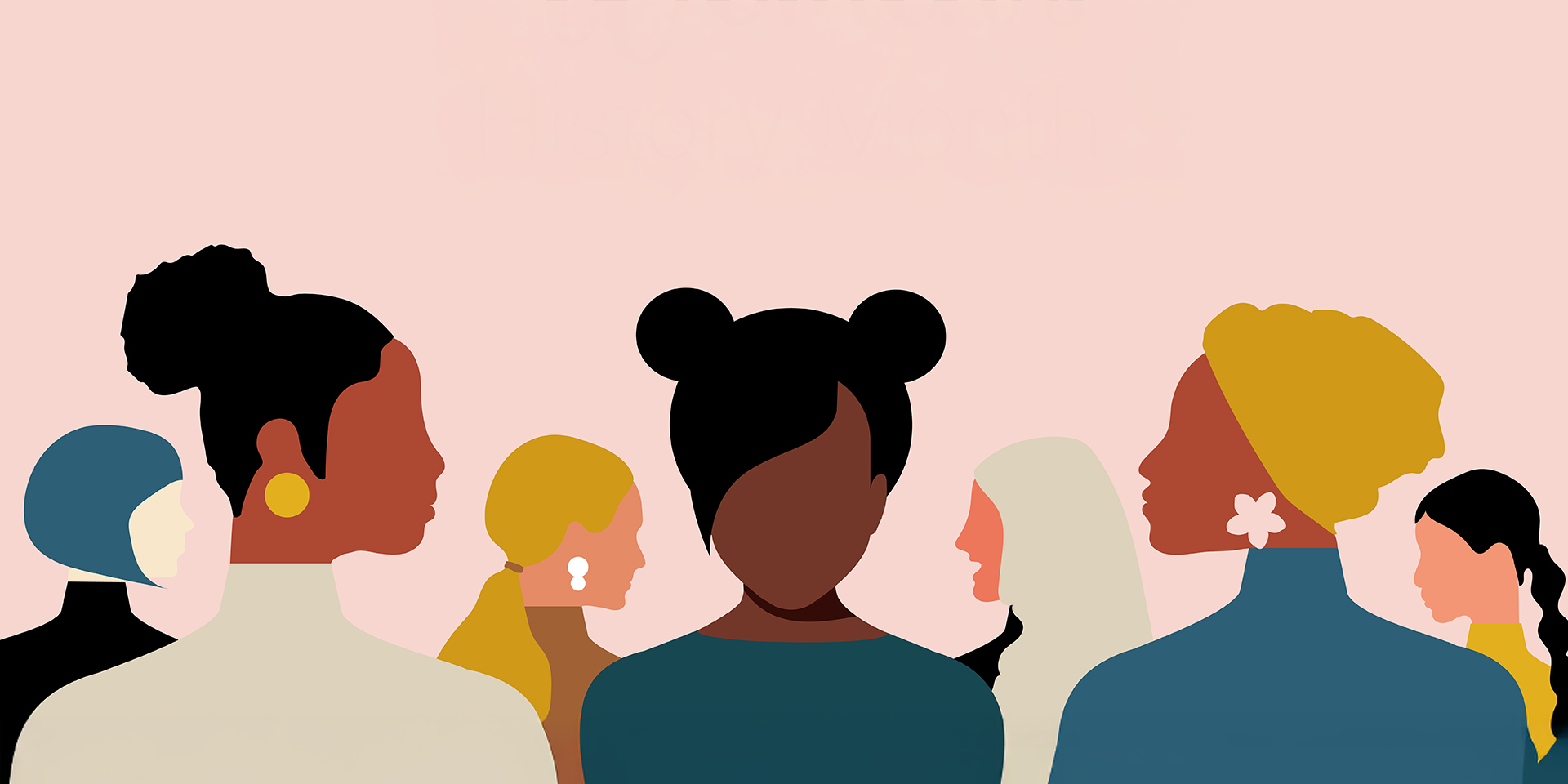 mois de l'histoire des femmes. des femmes d'âges, de nationalités et de religions différents s'unissent dans la lutte pour l'égalité des droits. affiche horizontale rose. vecteur.