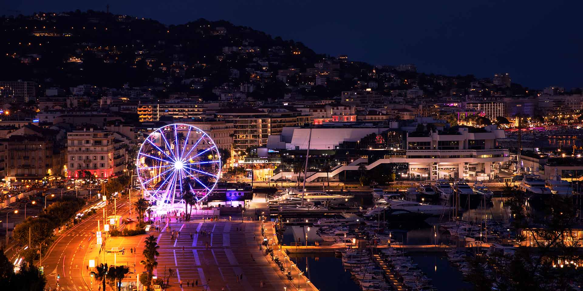 france night landscape sea port yachts ferris wheel cannes