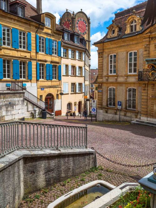 Neuchatel, Switzerland - August 7, 2023: Neuchatel, the French-speaking capital of the Swiss canton of the same name, lies on the northern shore of Lake Neuchatel.