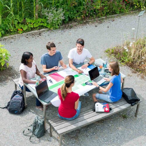 Campus Grüental: Studierende während einer Projektarbeit im Garten.