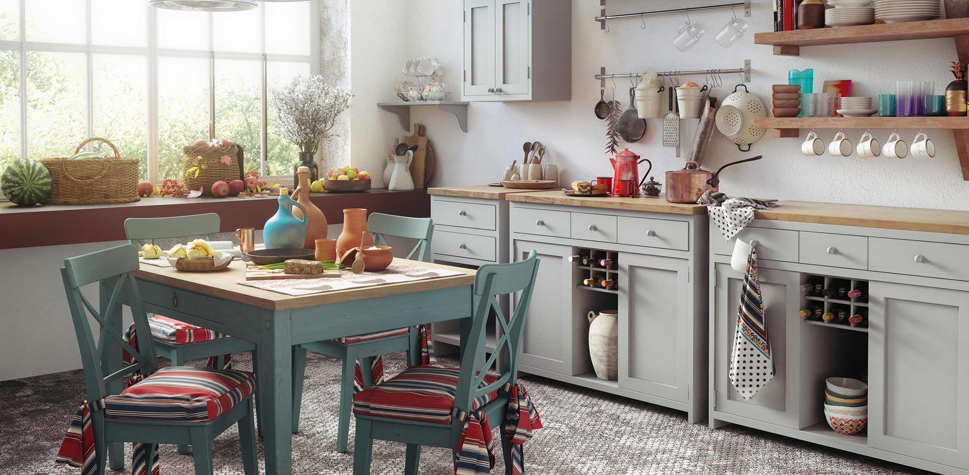 intérieur de cuisine domestique chaleureux et rustique généré numériquement, avec de nombreux accessoires ethniques vintage et ustensiles de cuisine. la scène a été rendue avec des shas et un éclairage photoréalistes dans corona rener 6 pour autodesk® 3ds max 2020, avec quelques retouches en post-production.