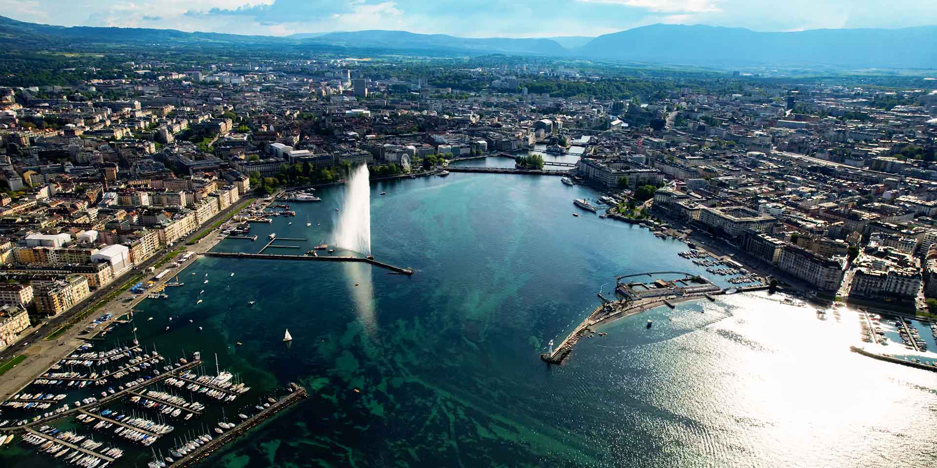aerial view of the old town geneva in switzerland on a sunny noon in spring