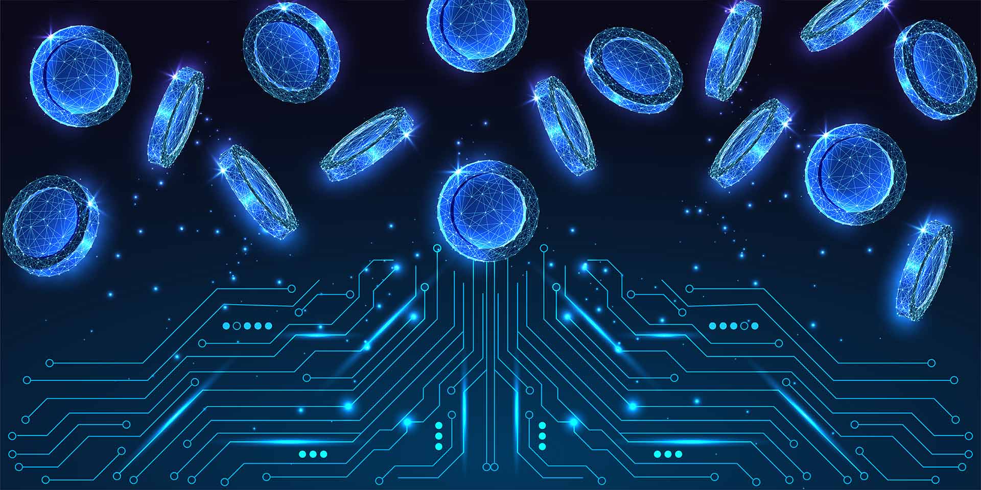 fintech innovation, ai banking and cryptocurrency concept with glowing polygonal coins falling above circuit board on dark backgro. futuristic low poly style, abstract vector illustration.