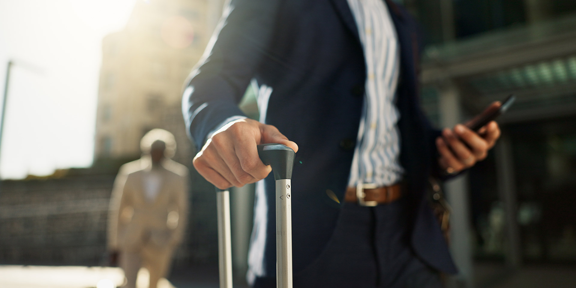 business man, phone and suitcase in street, hands and search for location, travel and transport to airport corporate employee, smartphone and walk with baggage, luggage or urban sidewalk in cape town stock photo