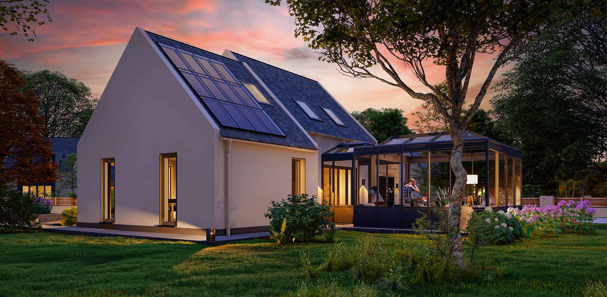 rendu 3d d'une nouvelle maison avec véranda de style traditionnel au crépuscule