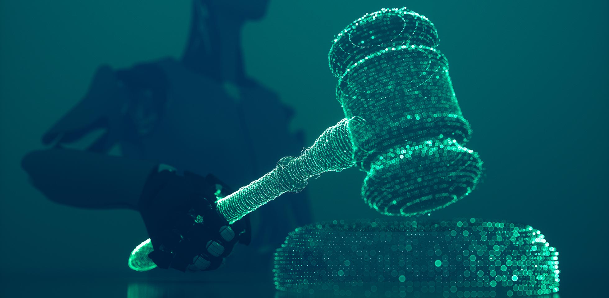 une main robotisée tenant un marteau numérique, symbolisant l'utilisation de l'intelligence artificielle dans le domaine judiciaire afin de garantir la transparence des décisions rendues par un juge piloté par l'ia.