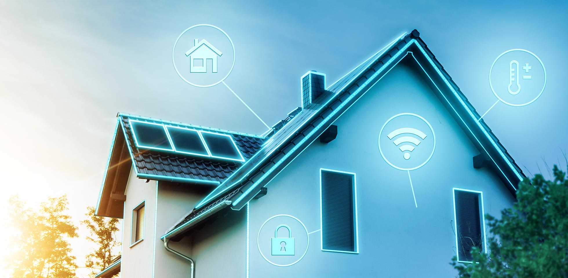a mon smart home with glowing technology icons representing connectivity, security, energy efficiency, and automation.