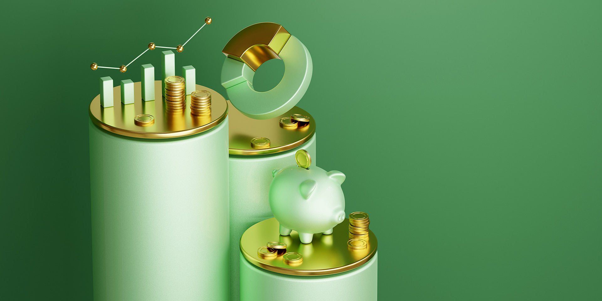 finance and savings concept. financial 3d symbols green colored with gold color in accents on the three-level podium