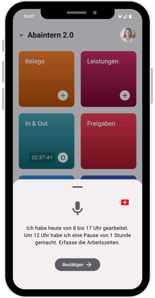 Mit  mobilen App AbaClik AI können Arbeitszeitenper Sprachsteuerung erfasst den.