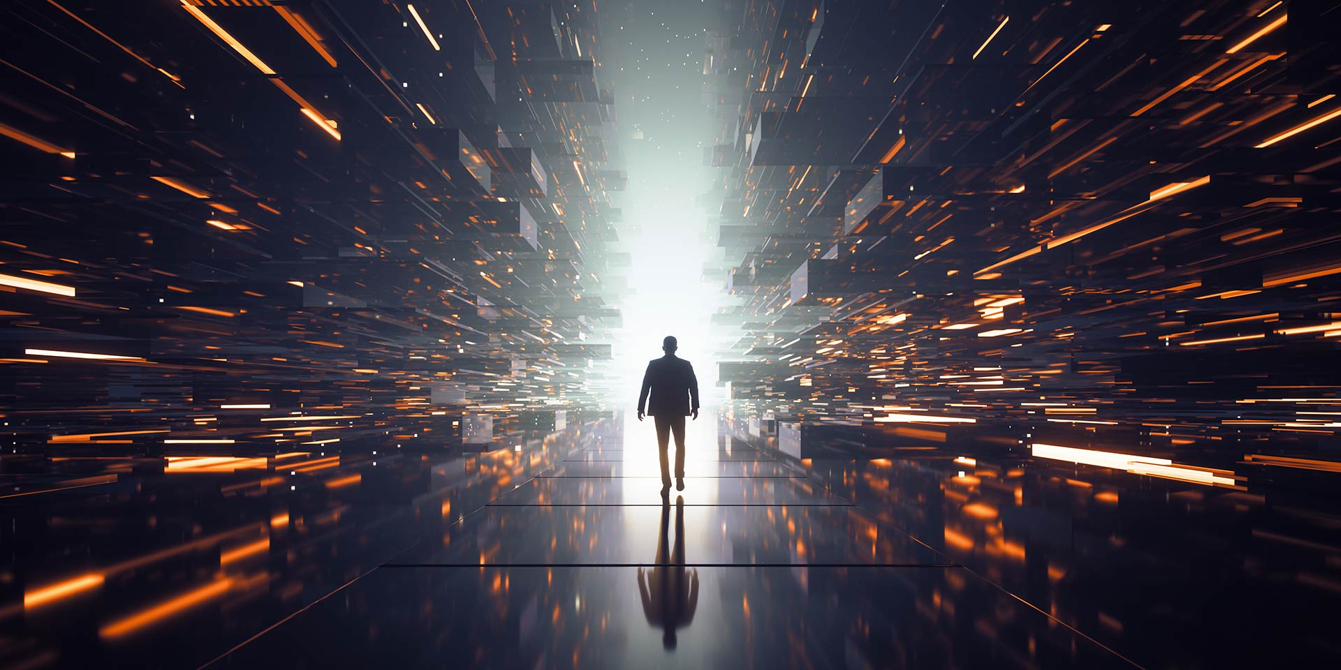 a human figure steps into a futuristic space filled with data particles, reflecting the journey of digital transformation.