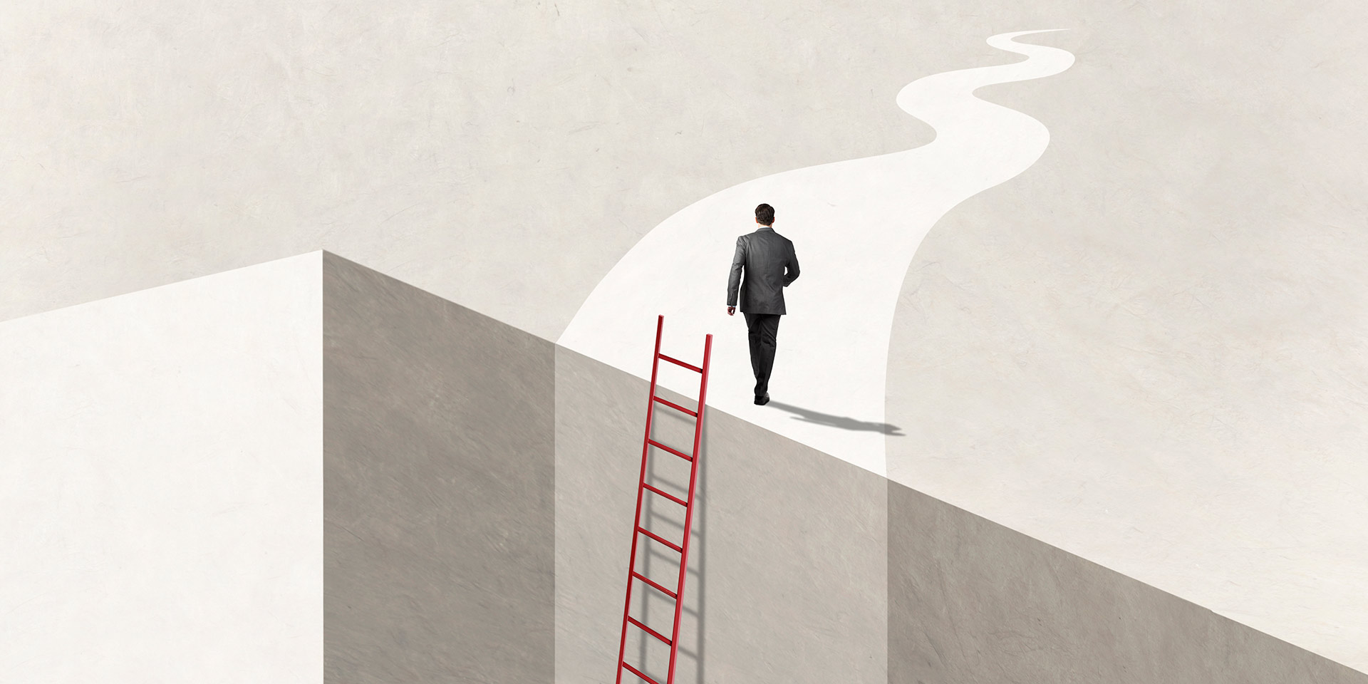 man uses lad to reach his goal stock photo