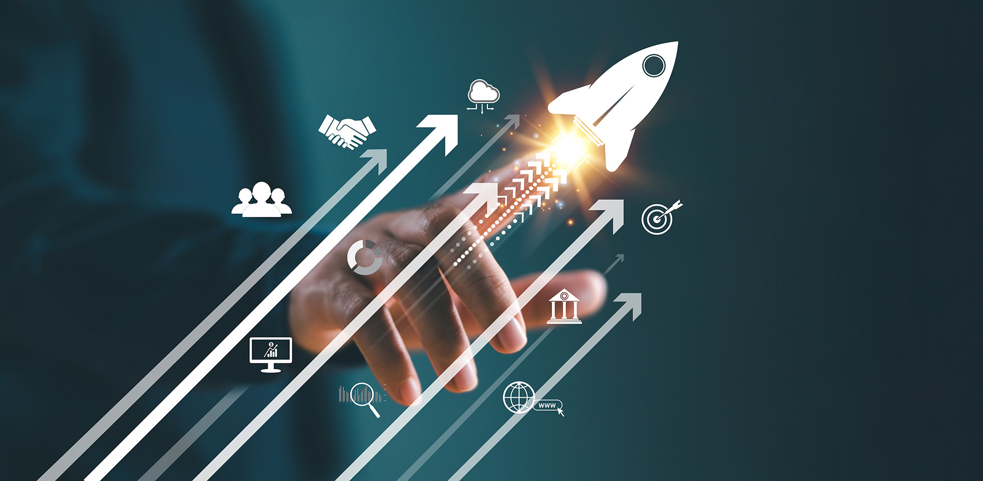 concept de stratégie de croissance et de tendance commerciale. icône représentant un homme d'affaires posant la main sur une flèche symbolisant l'investissement. augmenter les ventes et le marketing, accroître le potentiel de réussite, s'envoler vers la richesse. plan d'objectifs commerciaux compétitifs.