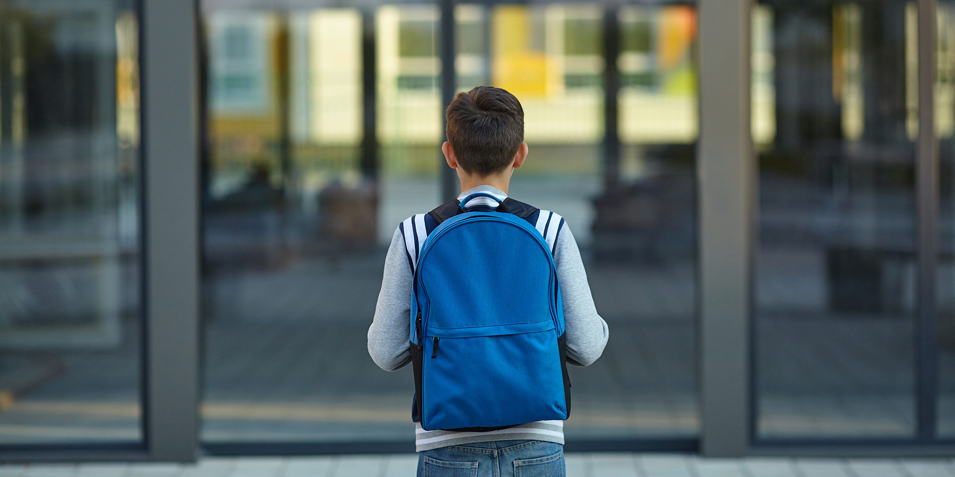 schoolboy stands in front of the school door. back to school.