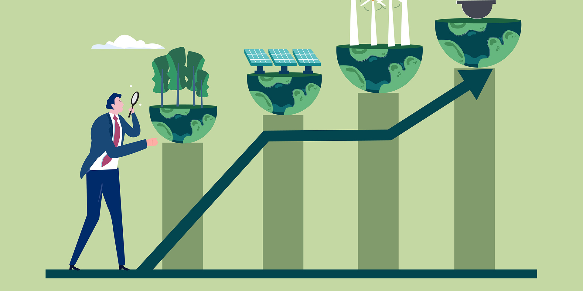 business invest with growth graph for esg or ecology problem concept; business invest energy sources. preserving resources of planet. vector illustration.